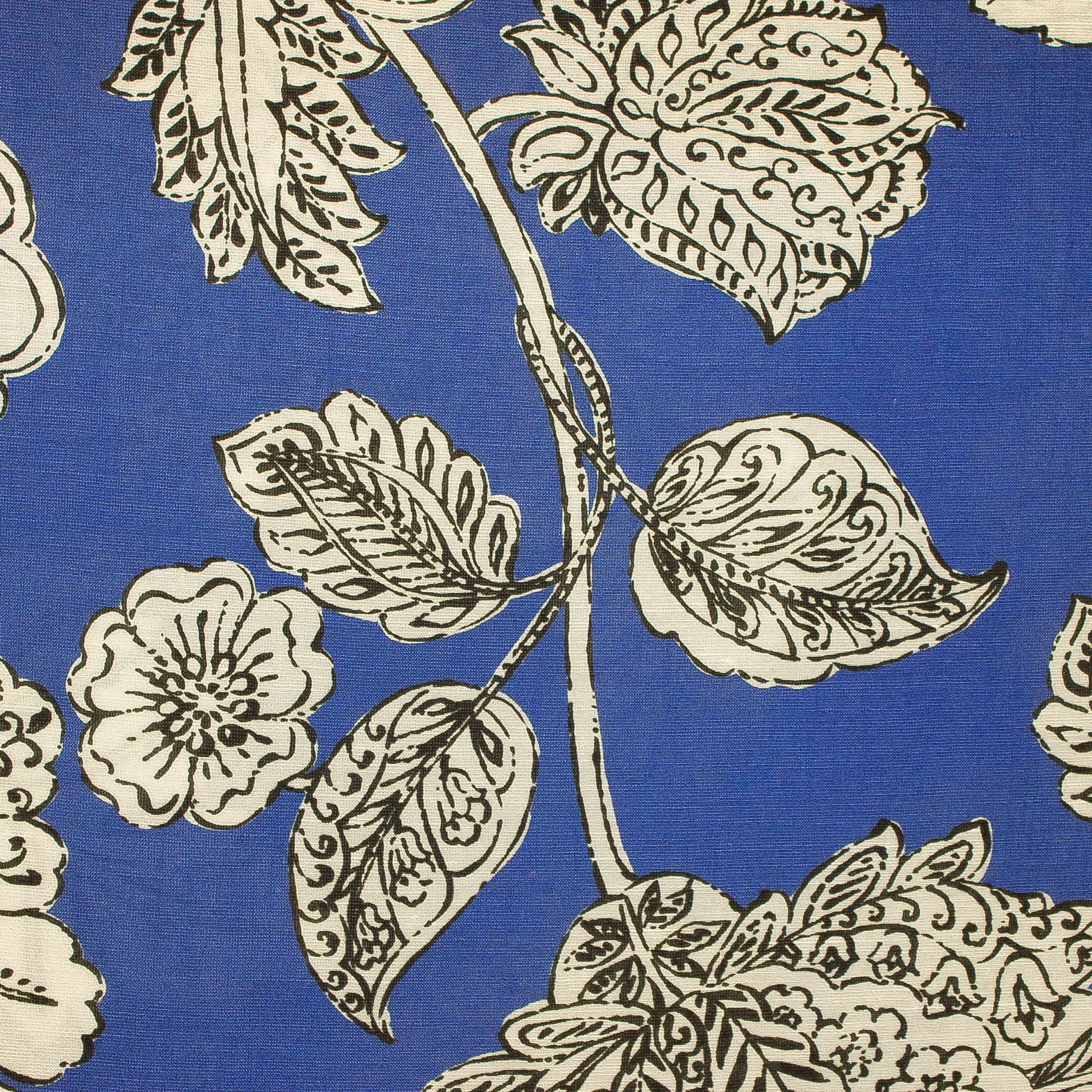 Linnen viscose blauw met witte bloemen en bladeren